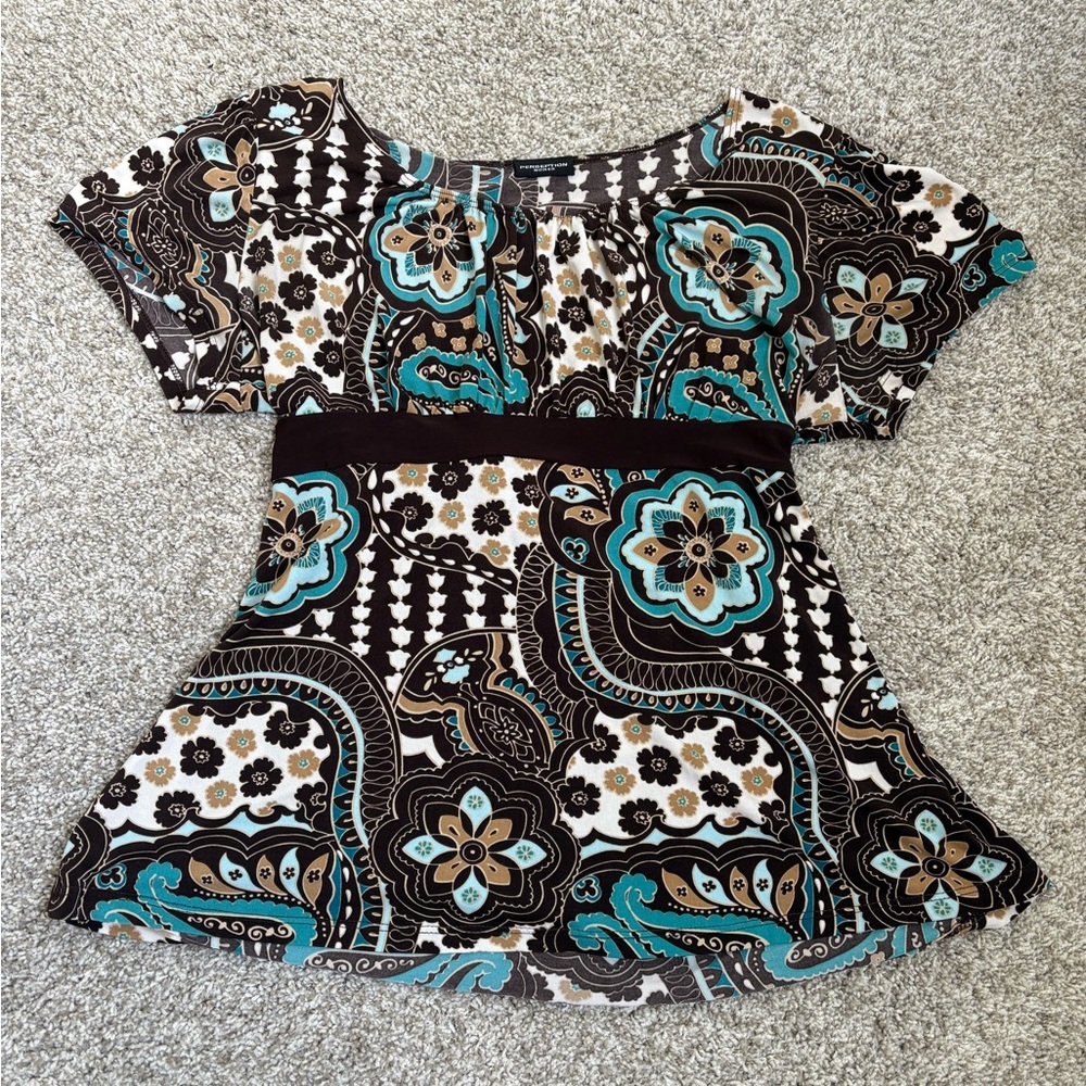Perseption Women Teal and Brown Patterned Top